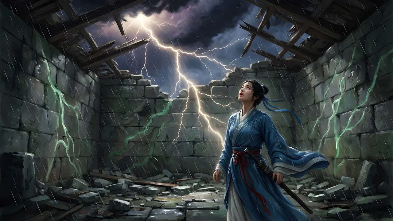 A cultivator in blue robes looking up as lightning strikes through the broken roof of a stone chamber.
