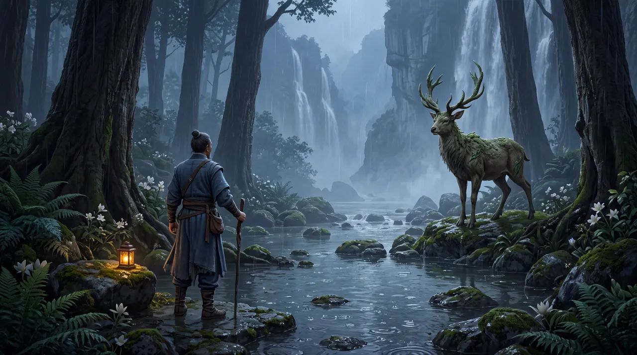 A traveller with a staff meets a great moss-antlered stag in a rain forest of waterfalls.
